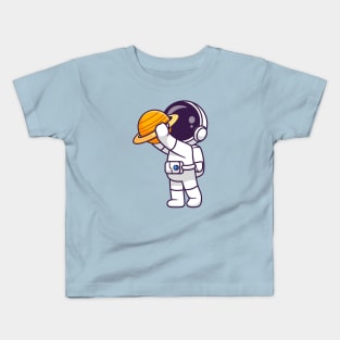 Cute Astronaut Holding Planet Cartoon Kids T-Shirt